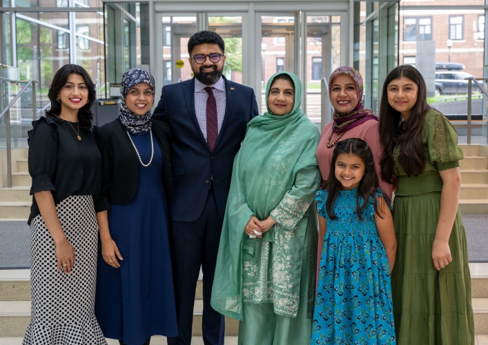 Dr. Kamran Mirza with his  daughter Daaniyah, sister Ms. Angbeen A. Mirza, mother Dr. Shehnaz Khan, wife Dr. Sara Hanif Mirza, and daughters  Zoyah, and Safina (front).